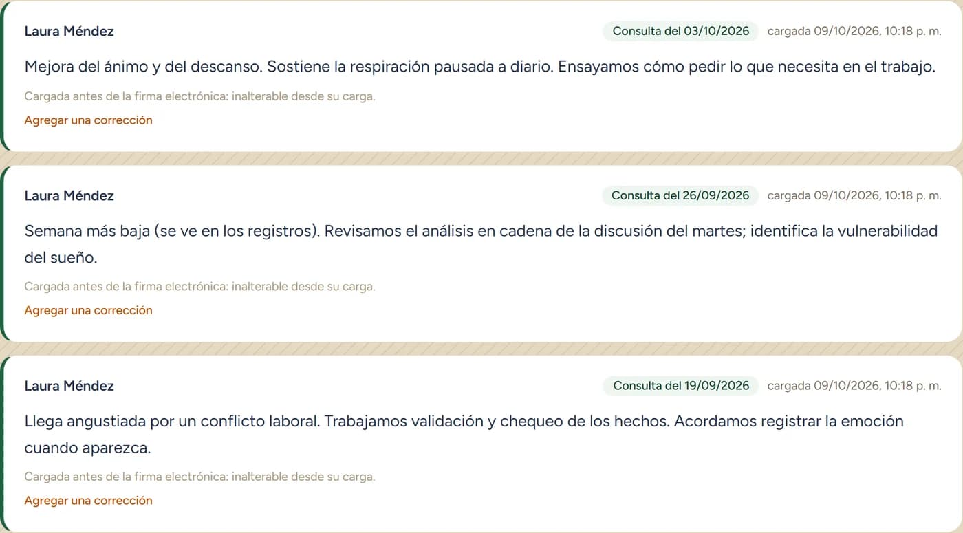 Las evoluciones de la historia clínica (datos de ejemplo)