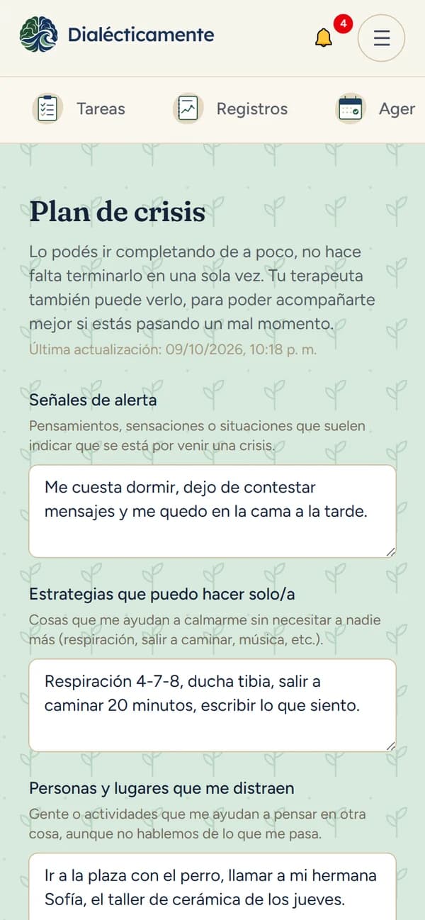 El plan de crisis del paciente en el celular (datos de ejemplo)