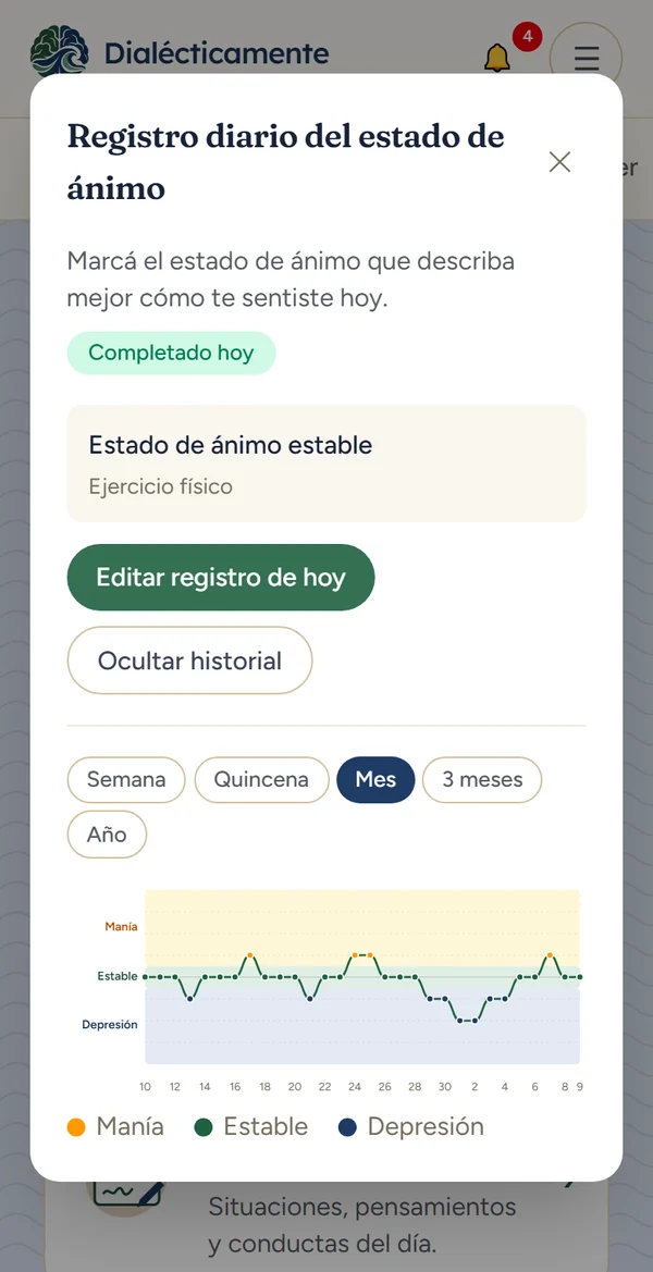 El registro diario del estado de ánimo en el celular, con el gráfico del último mes (datos de ejemplo)